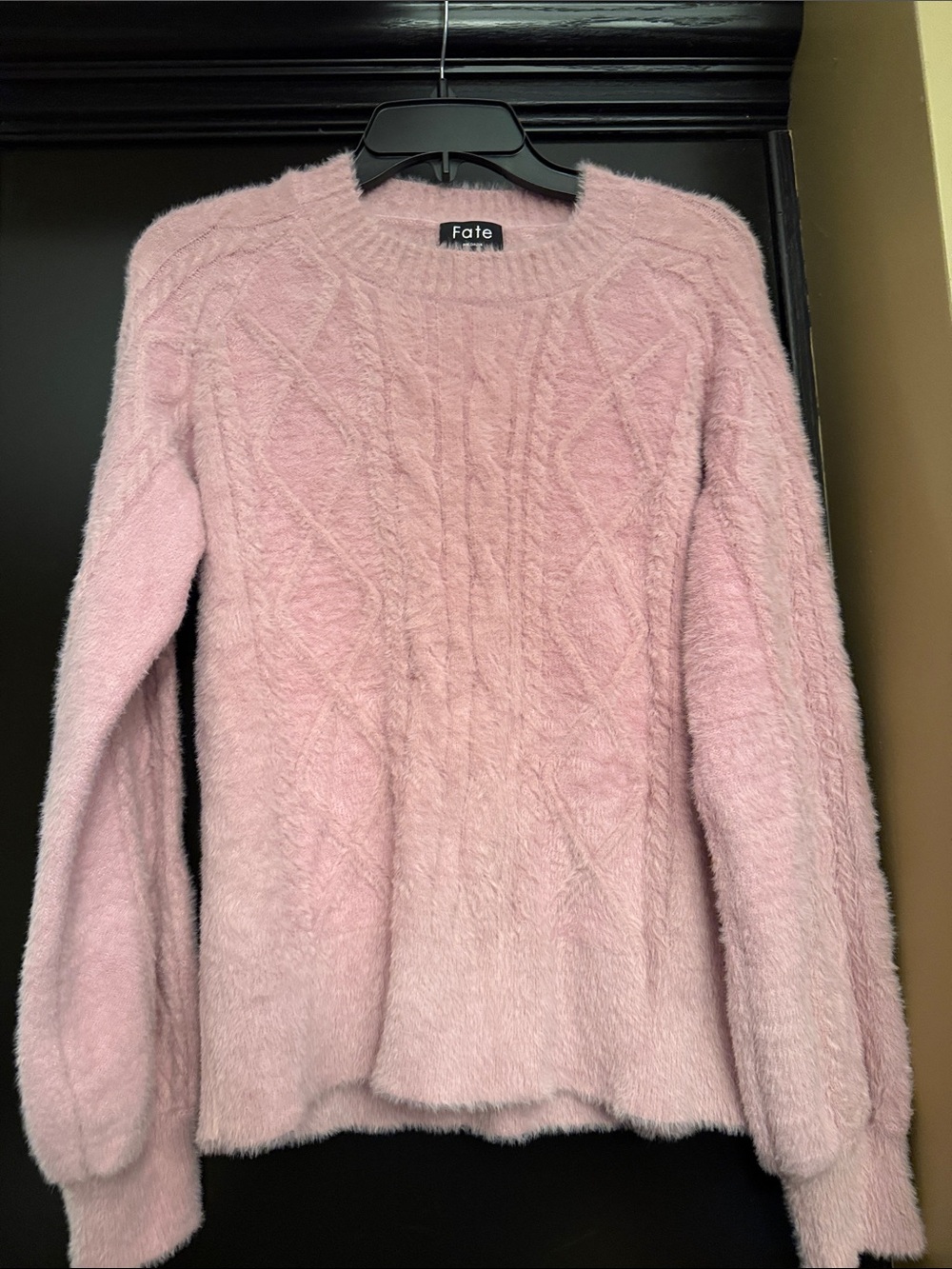 Fate Soft Pink Fuzzy Cable-Knit Crewneck Sweater